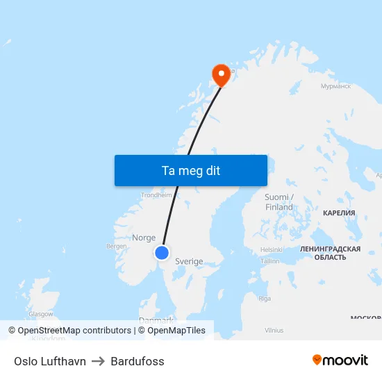 Oslo Lufthavn to Bardufoss map
