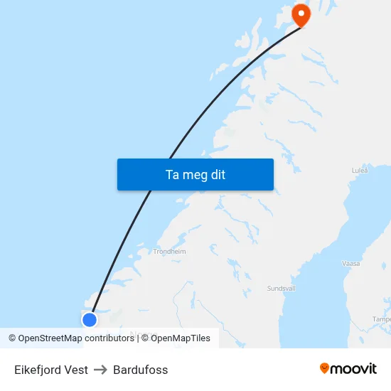 Eikefjord Vest to Bardufoss map