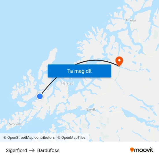 Sigerfjord to Bardufoss map