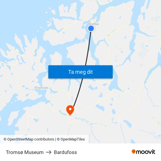 Tromsø Museum to Bardufoss map