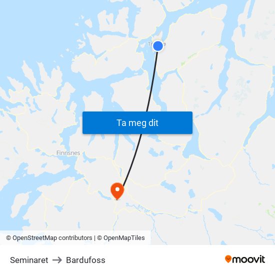 Seminaret to Bardufoss map
