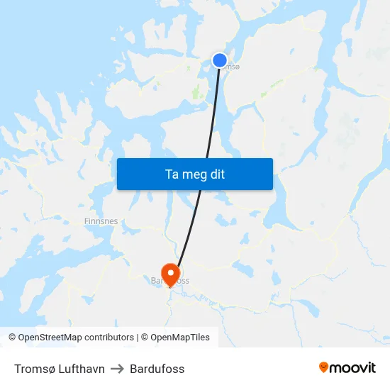 Tromsø Lufthavn to Bardufoss map