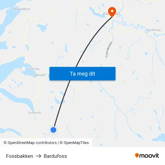 Fossbakken to Bardufoss map