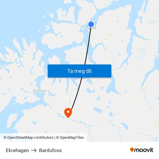 Ekrehagen to Bardufoss map