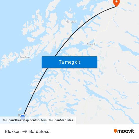 Blokkan to Bardufoss map