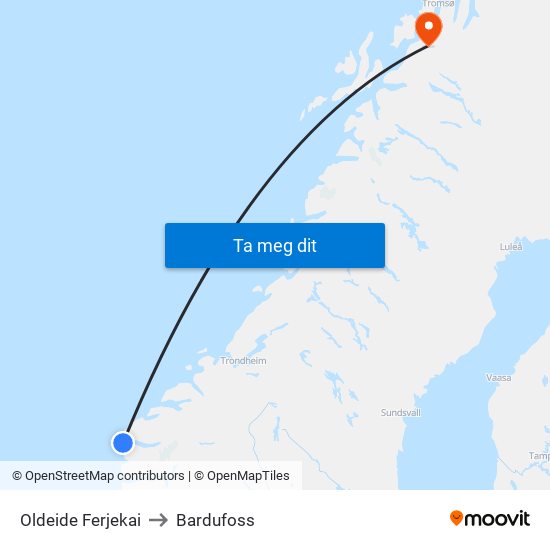 Oldeide Ferjekai to Bardufoss map