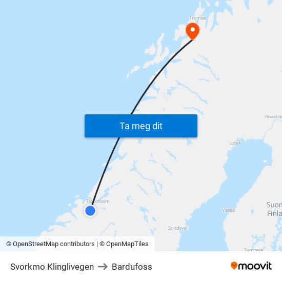 Svorkmo Klinglivegen to Bardufoss map