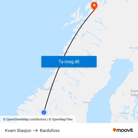 Kvam Stasjon to Bardufoss map