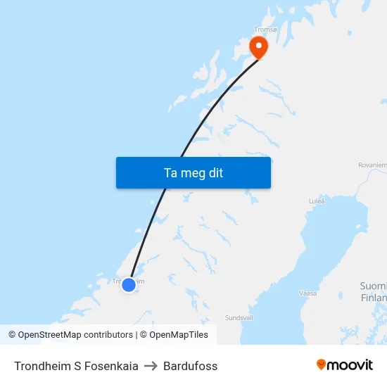 Trondheim S Fosenkaia to Bardufoss map