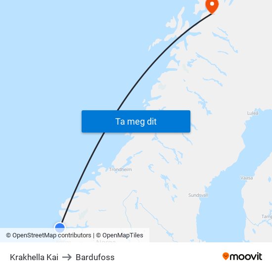 Krakhella Kai to Bardufoss map