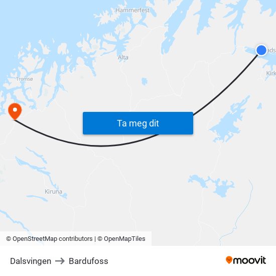 Dalsvingen to Bardufoss map