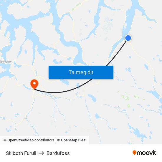 Skibotn Furuli to Bardufoss map