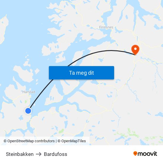 Steinbakken to Bardufoss map