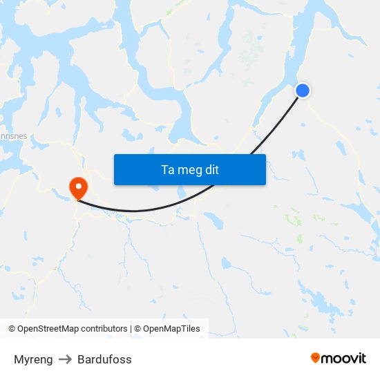 Myreng to Bardufoss map