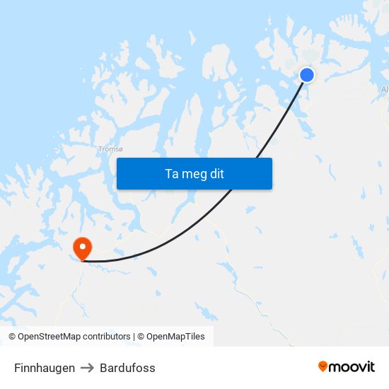 Finnhaugen to Bardufoss map