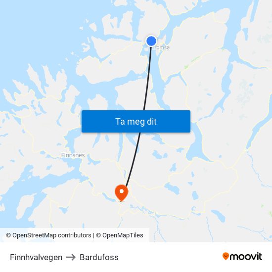 Finnhvalvegen to Bardufoss map
