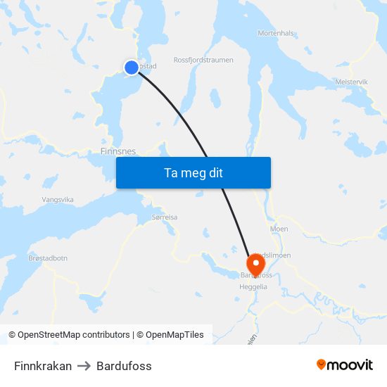 Finnkrakan to Bardufoss map