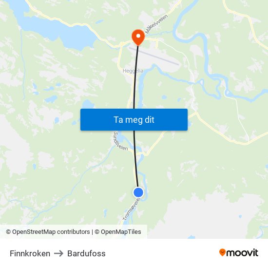Finnkroken to Bardufoss map