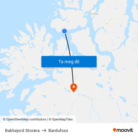 Bakkejord Storøra to Bardufoss map