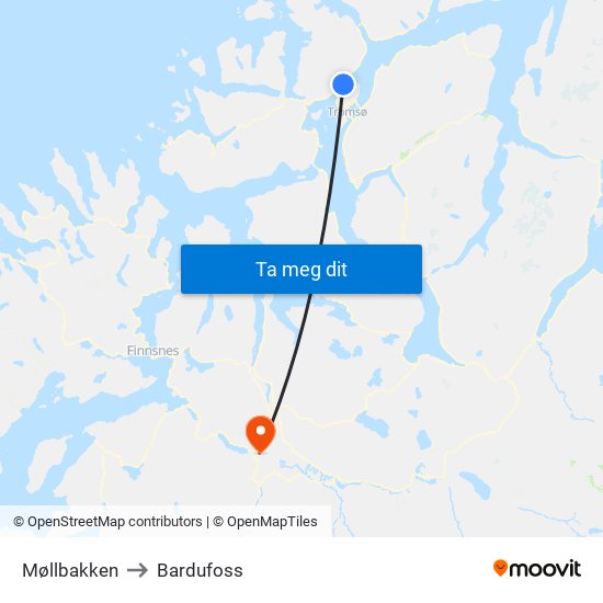 Møllbakken to Bardufoss map