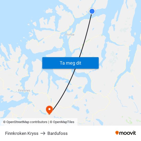Finnkroken Kryss to Bardufoss map