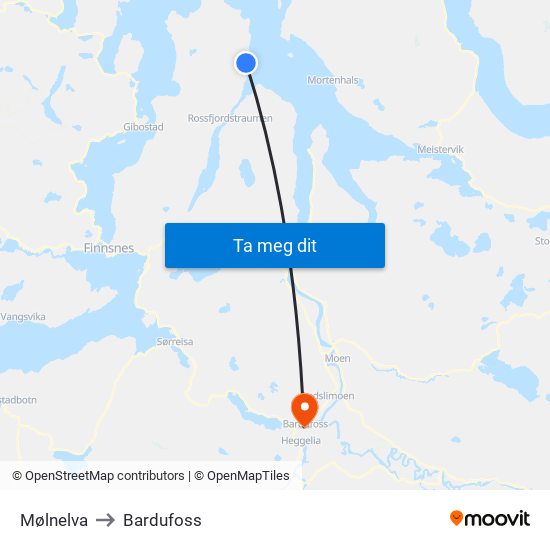 Mølnelva to Bardufoss map