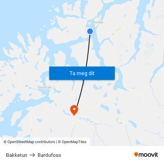 Bakketun to Bardufoss map