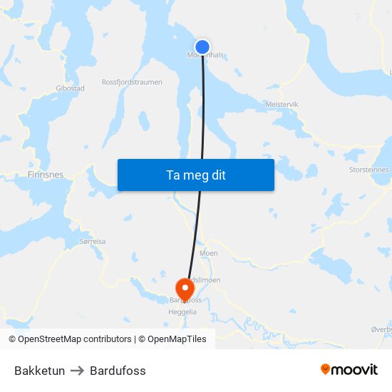 Bakketun to Bardufoss map