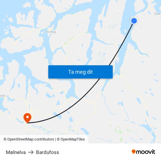 Mølnelva to Bardufoss map
