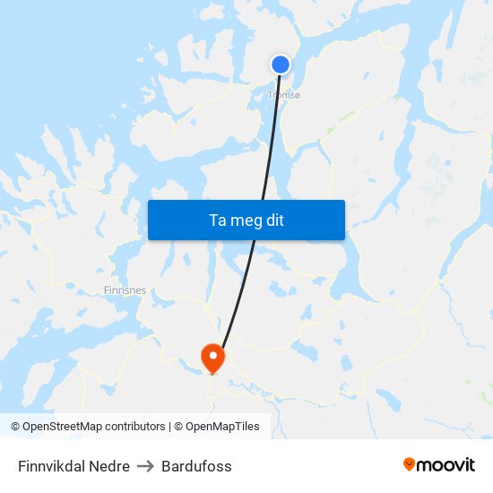 Finnvikdal Nedre to Bardufoss map