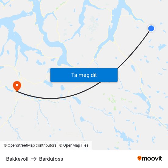 Bakkevoll to Bardufoss map