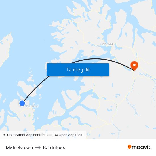Mølnelvosen to Bardufoss map