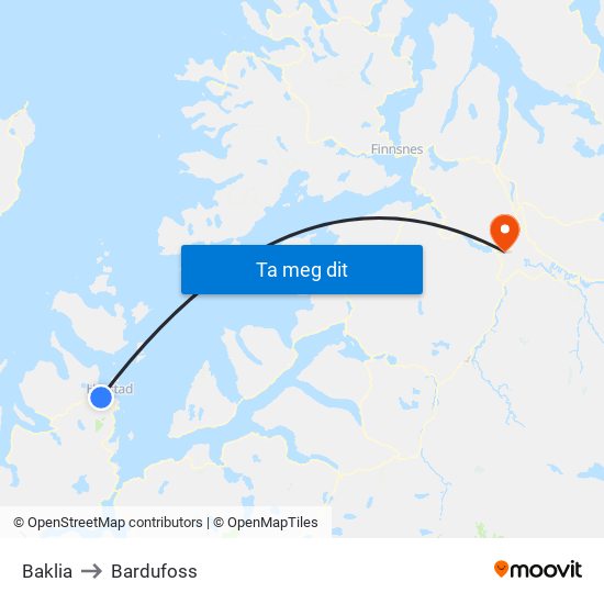 Baklia to Bardufoss map