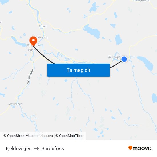 Fjeldevegen to Bardufoss map