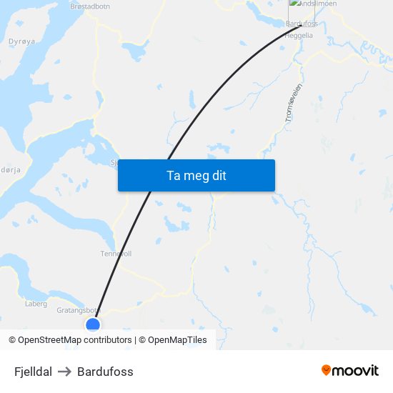 Fjelldal to Bardufoss map
