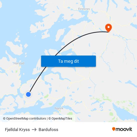 Fjelldal Kryss to Bardufoss map