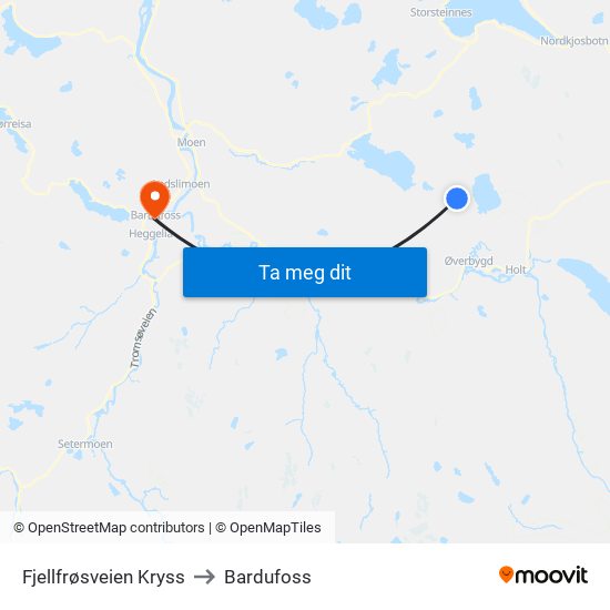 Fjellfrøsveien Kryss to Bardufoss map