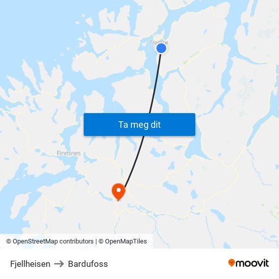 Fjellheisen to Bardufoss map