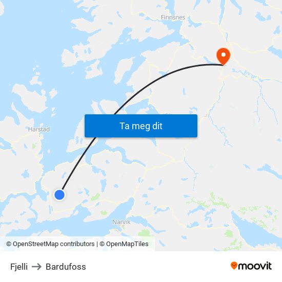 Fjelli to Bardufoss map