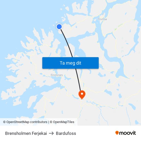 Brensholmen Ferjekai to Bardufoss map