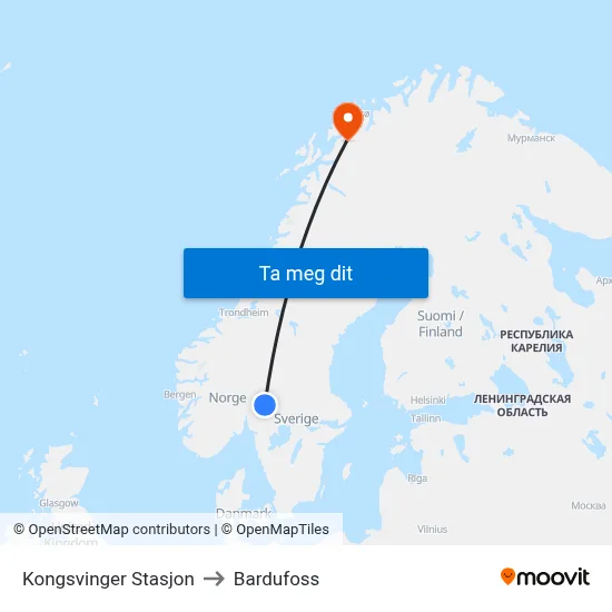 Kongsvinger Stasjon to Bardufoss map