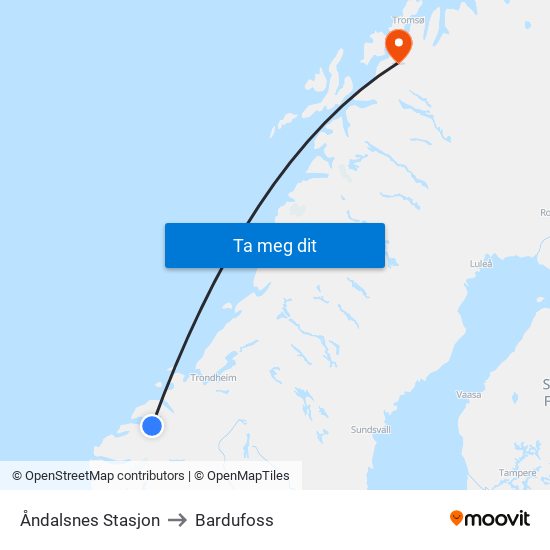 Åndalsnes Stasjon to Bardufoss map