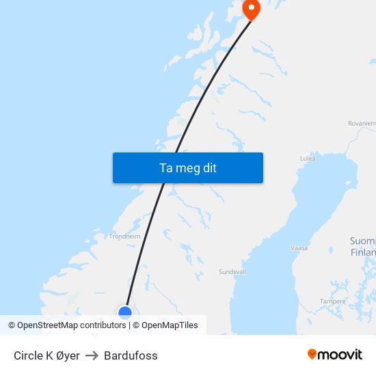 Circle K Øyer to Bardufoss map
