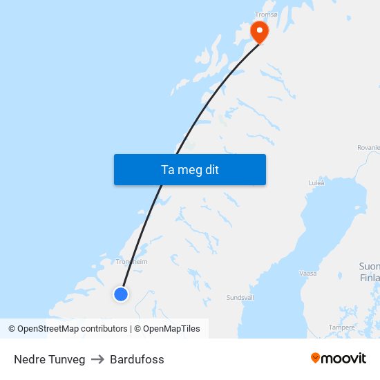 Nedre Tunveg to Bardufoss map