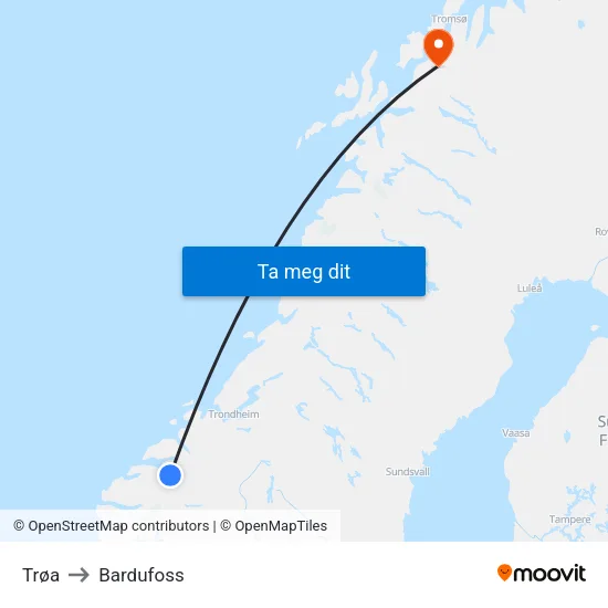 Trøa to Bardufoss map