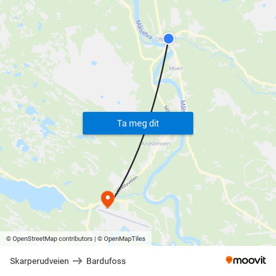 Skarperudveien to Bardufoss map