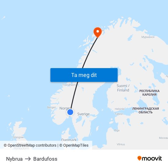 Nybrua to Bardufoss map