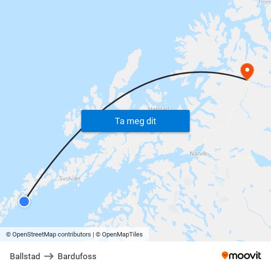 Ballstad to Bardufoss map