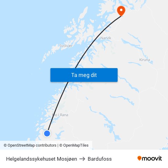 Helgelandssykehuset Mosjøen to Bardufoss map