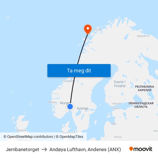 Jernbanetorget to Andøya Lufthavn, Andenes (ANX) map